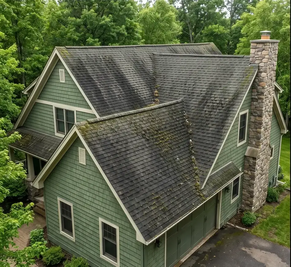 Before roof cleaning in Proctor, MN — moss and black streaks on shingles | Up North Pressure Washing