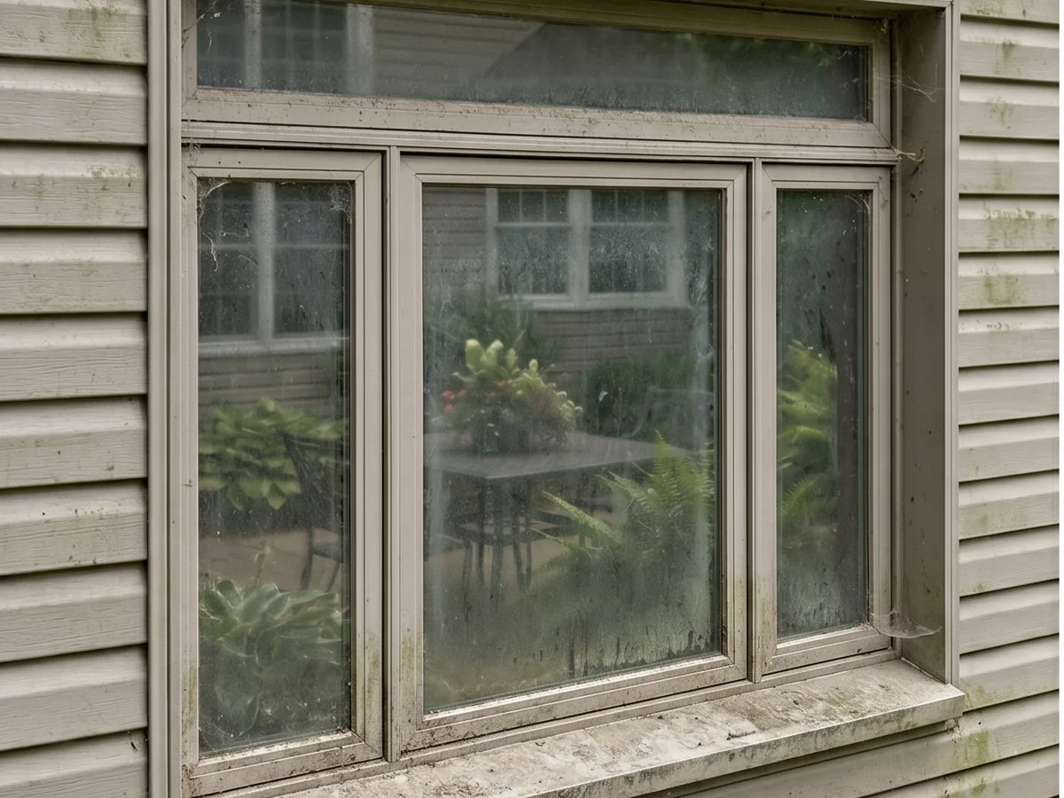 Before exterior window cleaning in Hermantown, MN — grimy home windows with dirt, cobwebs and hard-water film on glass and frames | Up North Pressure Washing